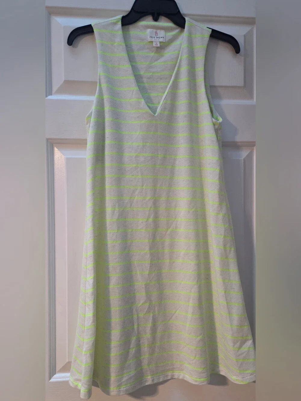 Julie Brown Cream and Neon Green Striped V‑Neck Sleeveless Mini Dress